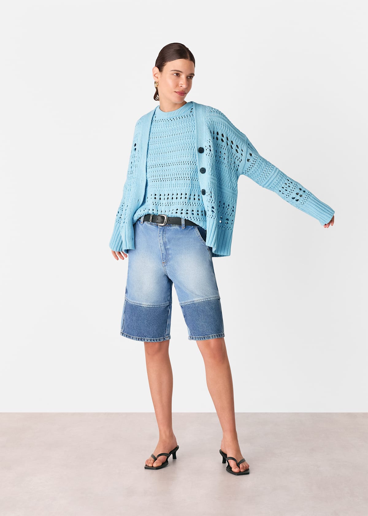 Blue Cotton Pointelle Cardigan