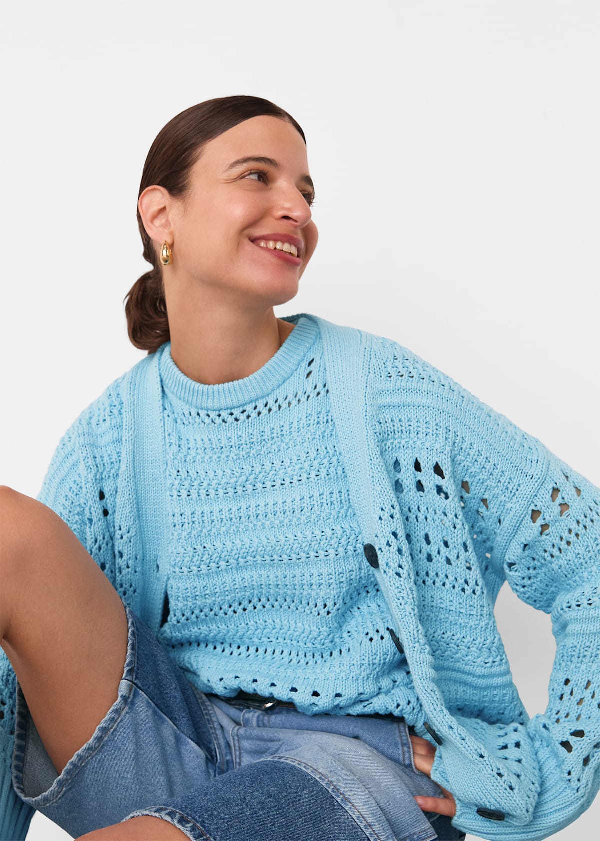 Blue Cotton Pointelle Cardigan