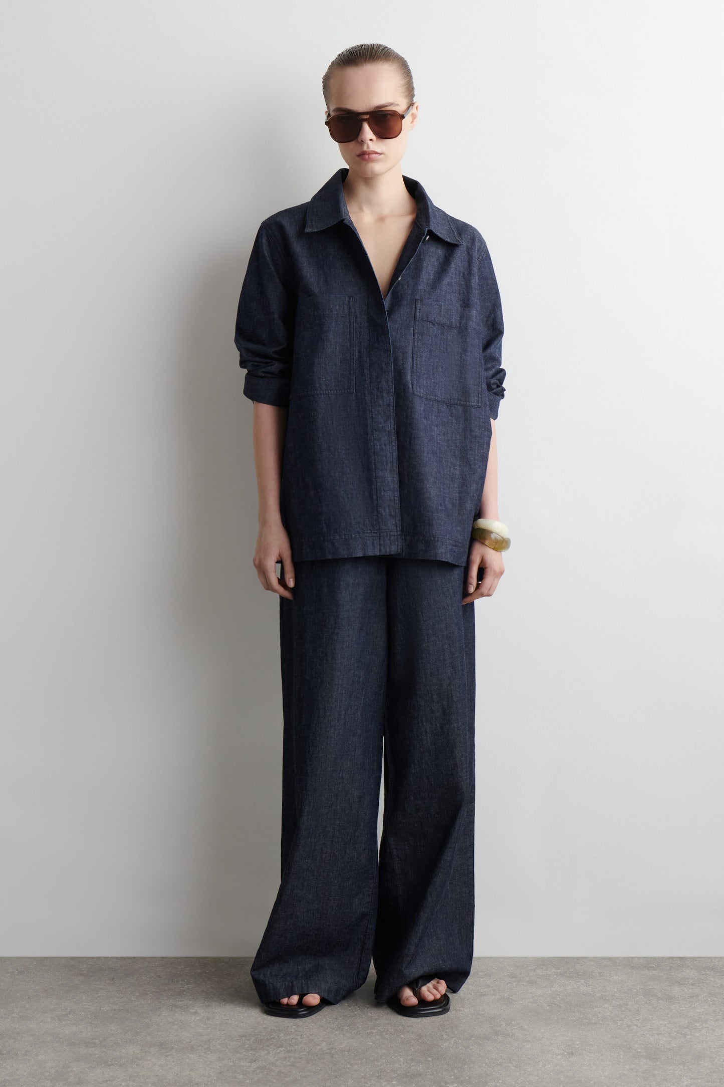 Denim wide-leg drawstring trousers