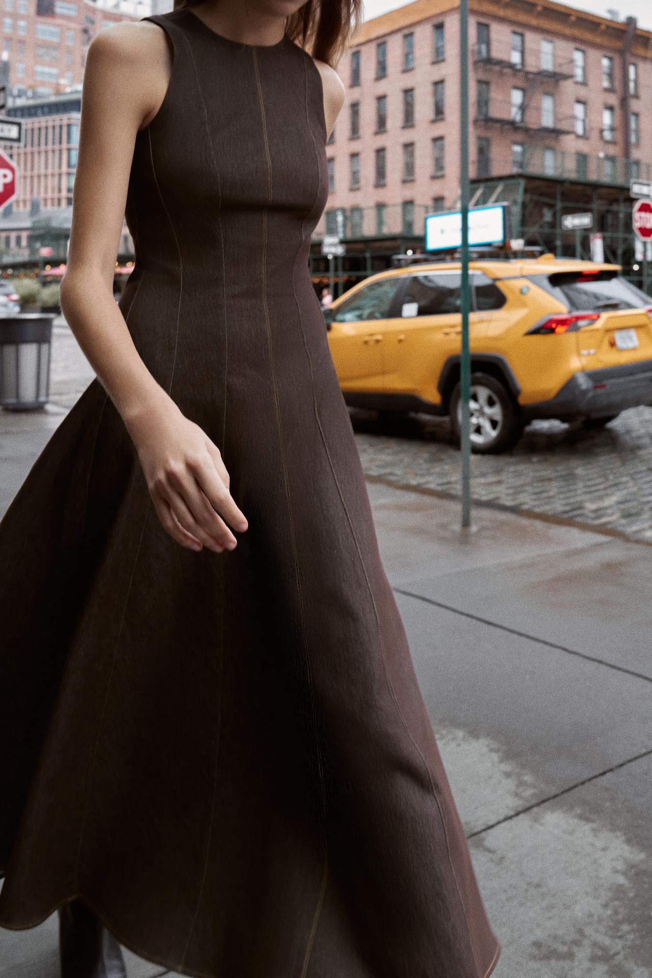 Contrast Topstitching Midi Dress