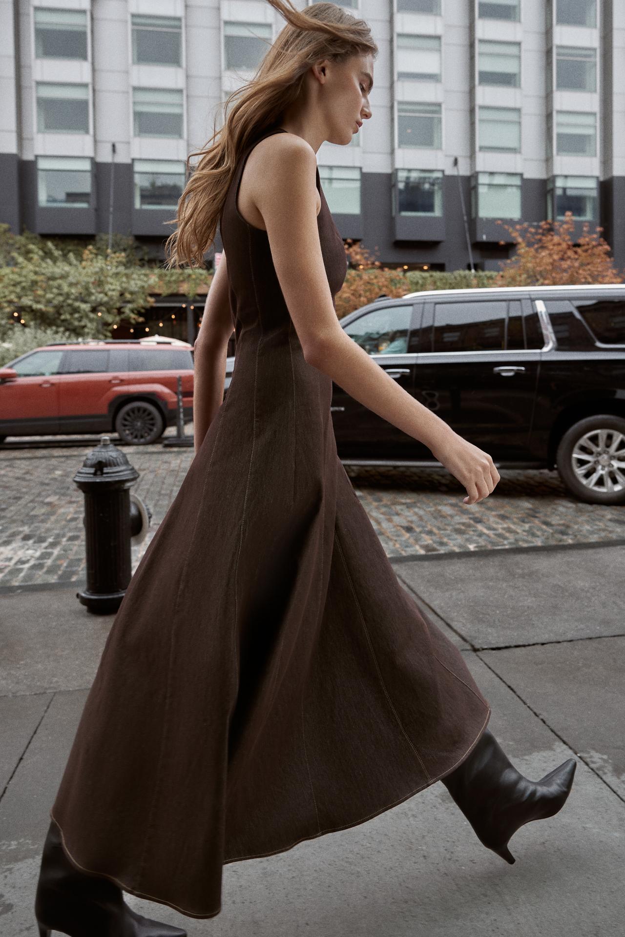 Contrast Topstitching Midi Dress
