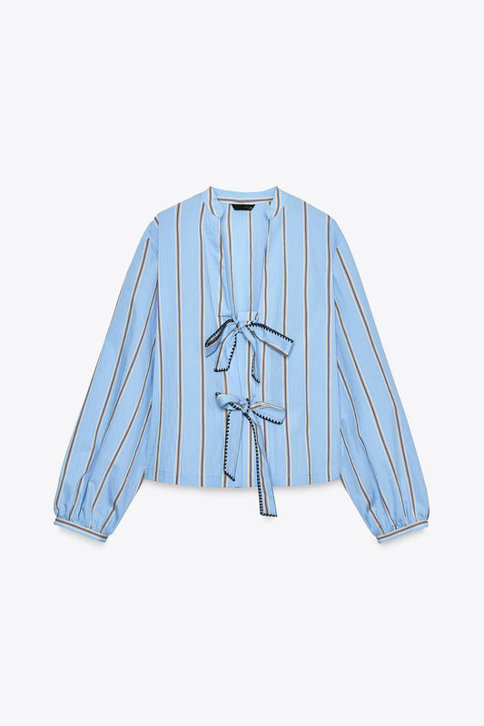 Striped Poplin Shirt with Ties