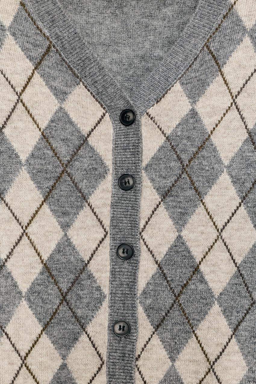 Wool Blend Argyle Cardigan