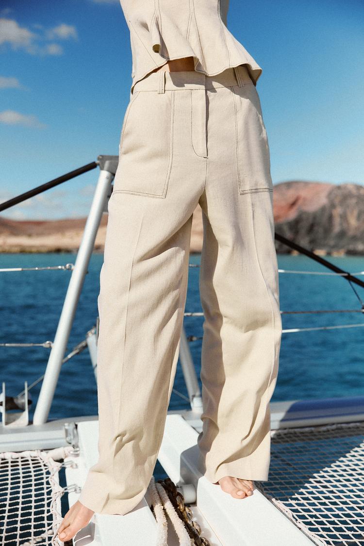 Linen Blend Straight-Leg Trousers with Topstitching