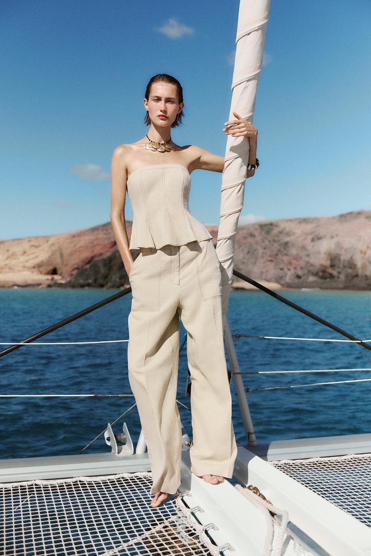 Linen Blend Straight-Leg Trousers with Topstitching
