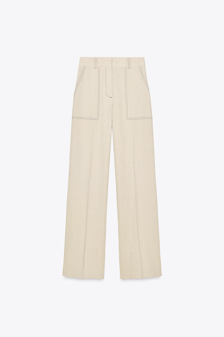 Linen Blend Straight-Leg Trousers with Topstitching