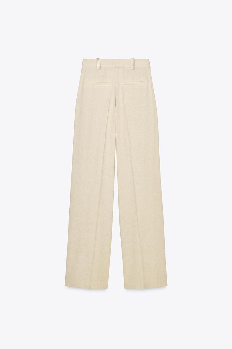 Linen Blend Straight-Leg Trousers with Topstitching