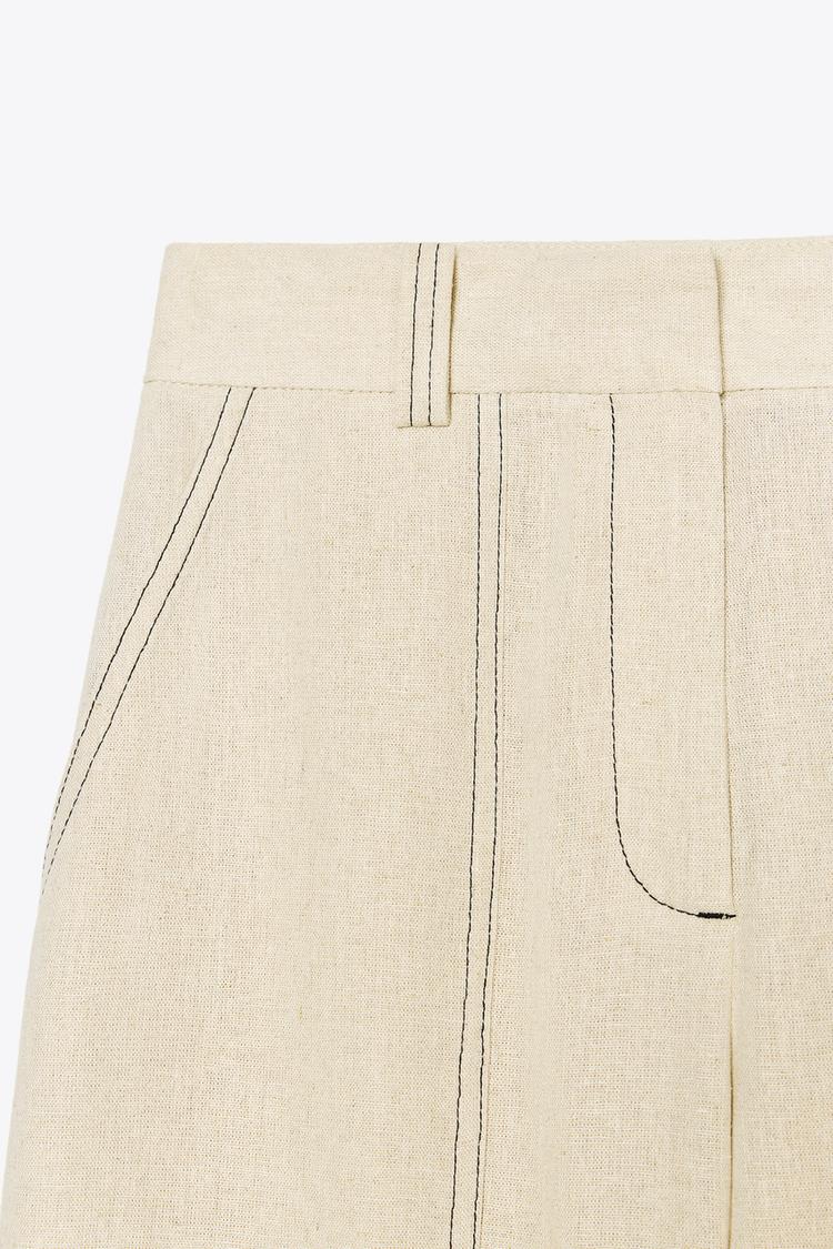 Linen Blend Straight-Leg Trousers with Topstitching