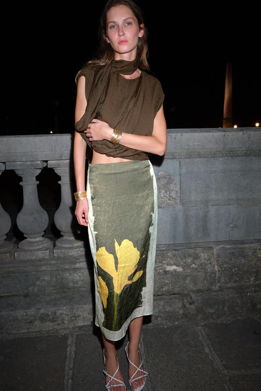 Creased-Effect Print Midi Skirt