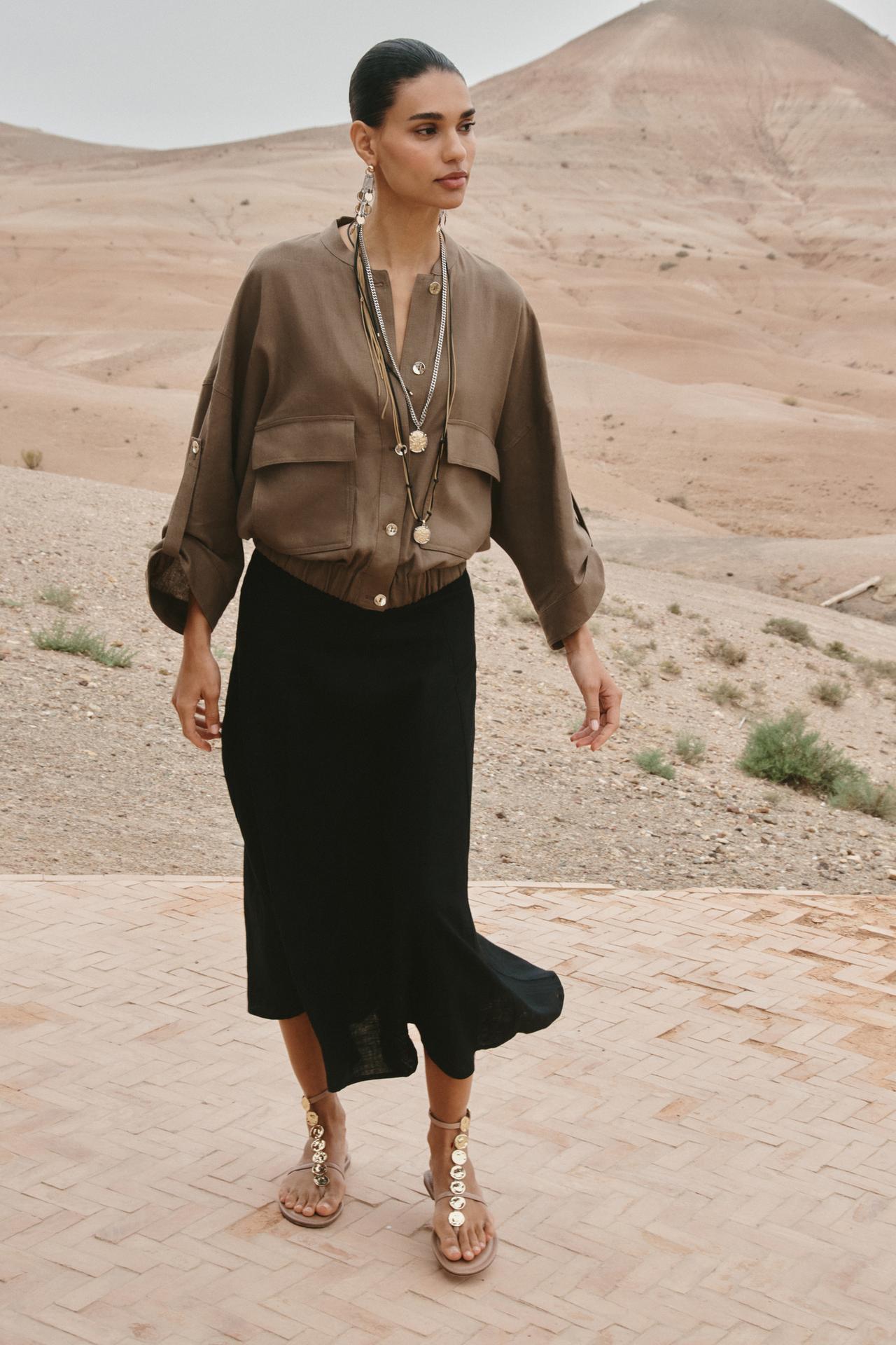 Belted Linen Midi Skirt