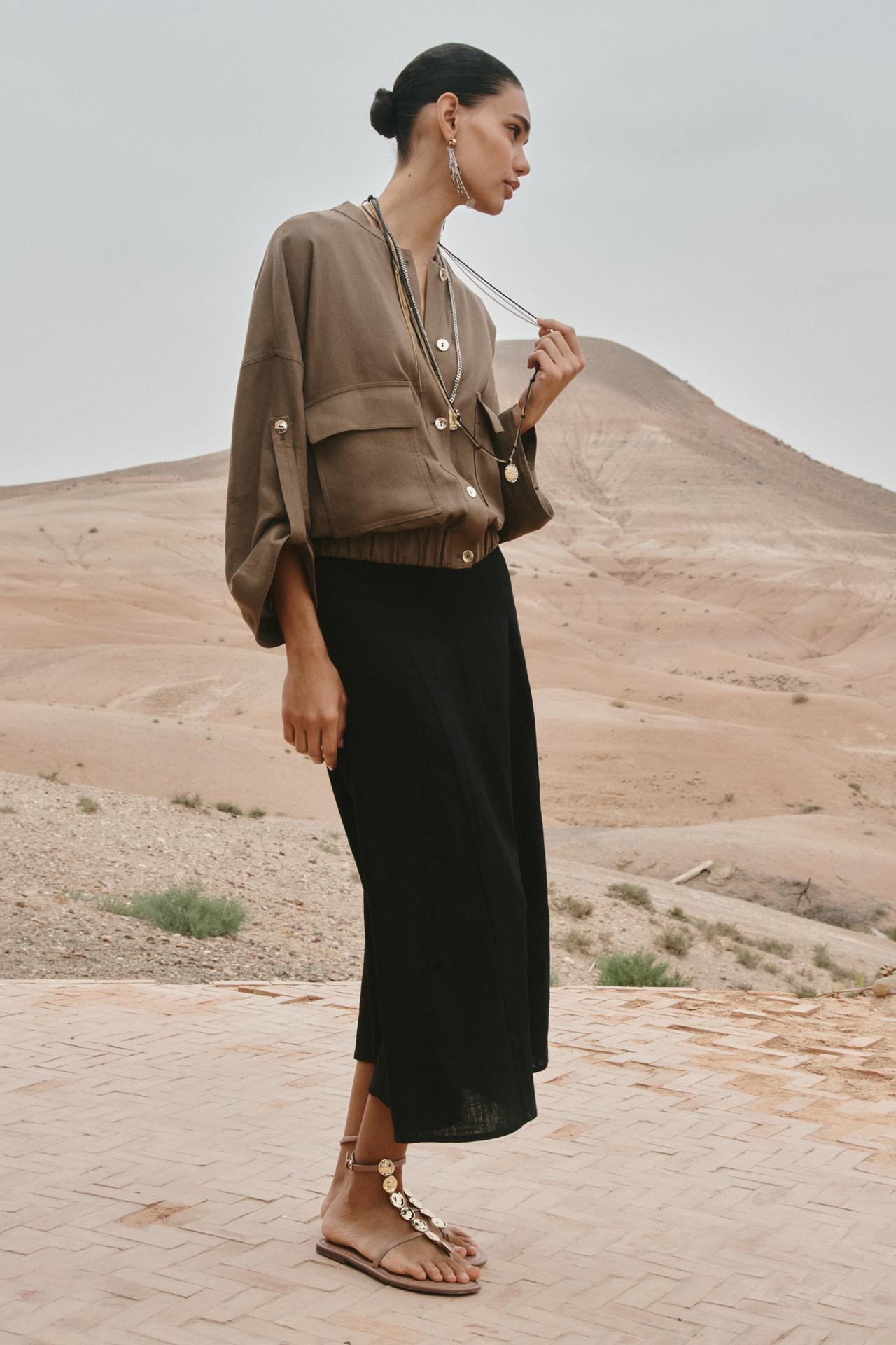 Belted Linen Midi Skirt
