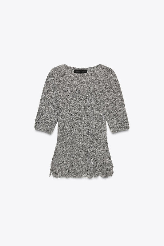 Fitted Knit Top With Fringing