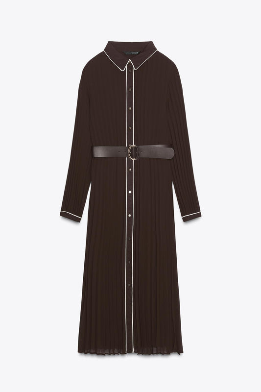 Belted Pleated Midi Dress