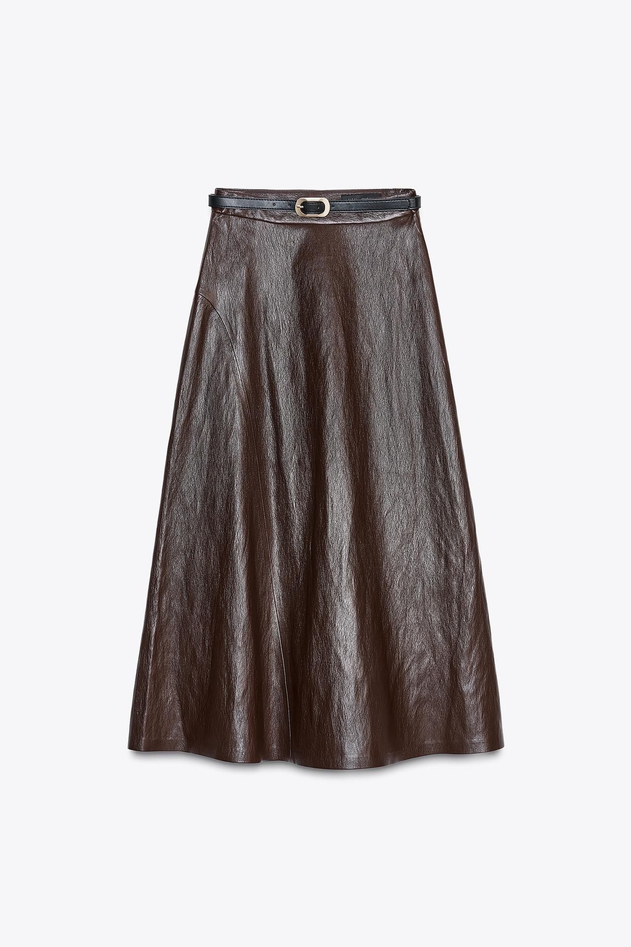 Faux Leather Midi Skirt With Belt