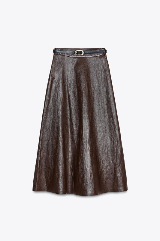 Faux Leather Midi Skirt With Belt