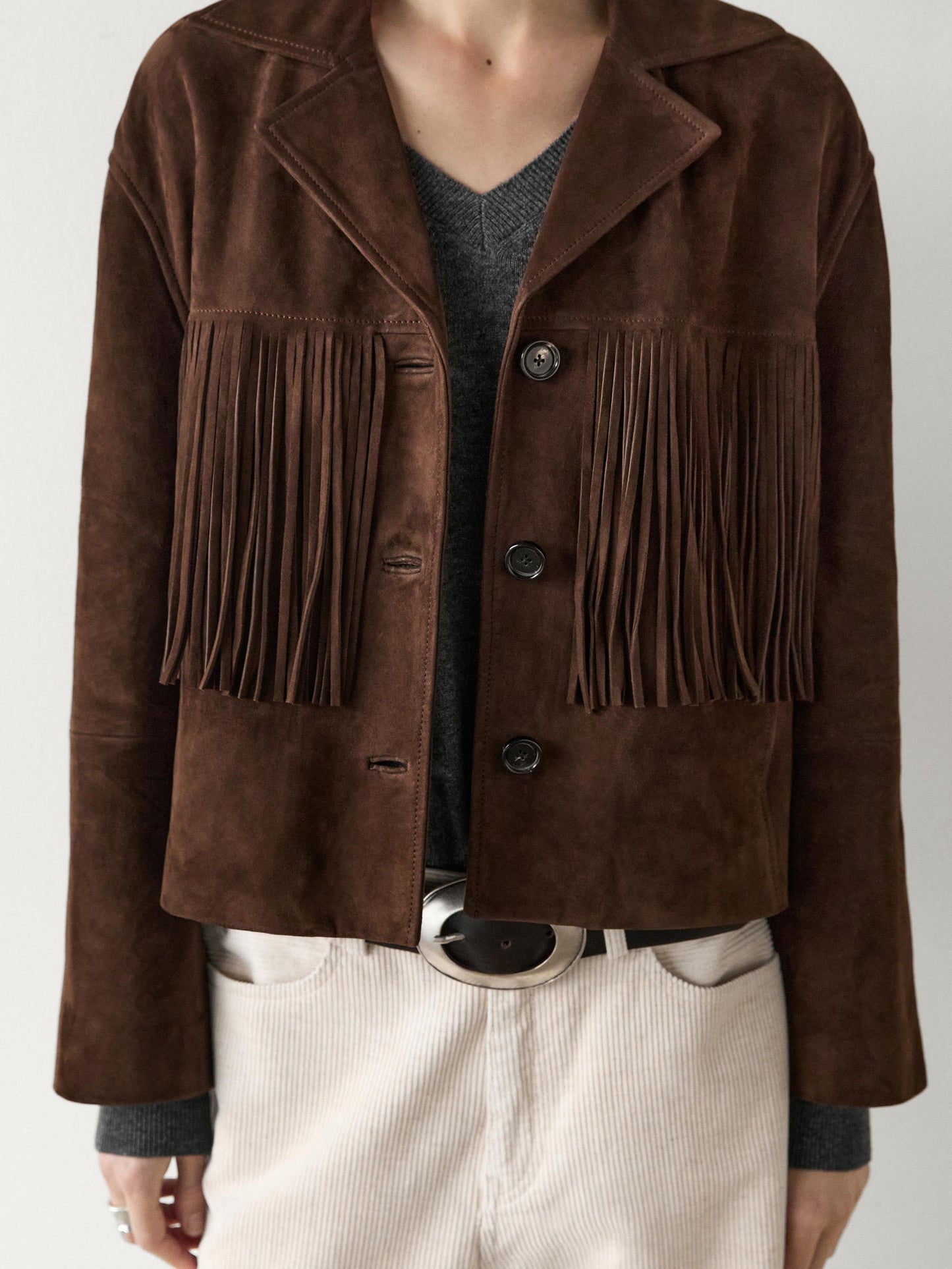 Suede jacket with leather fringing