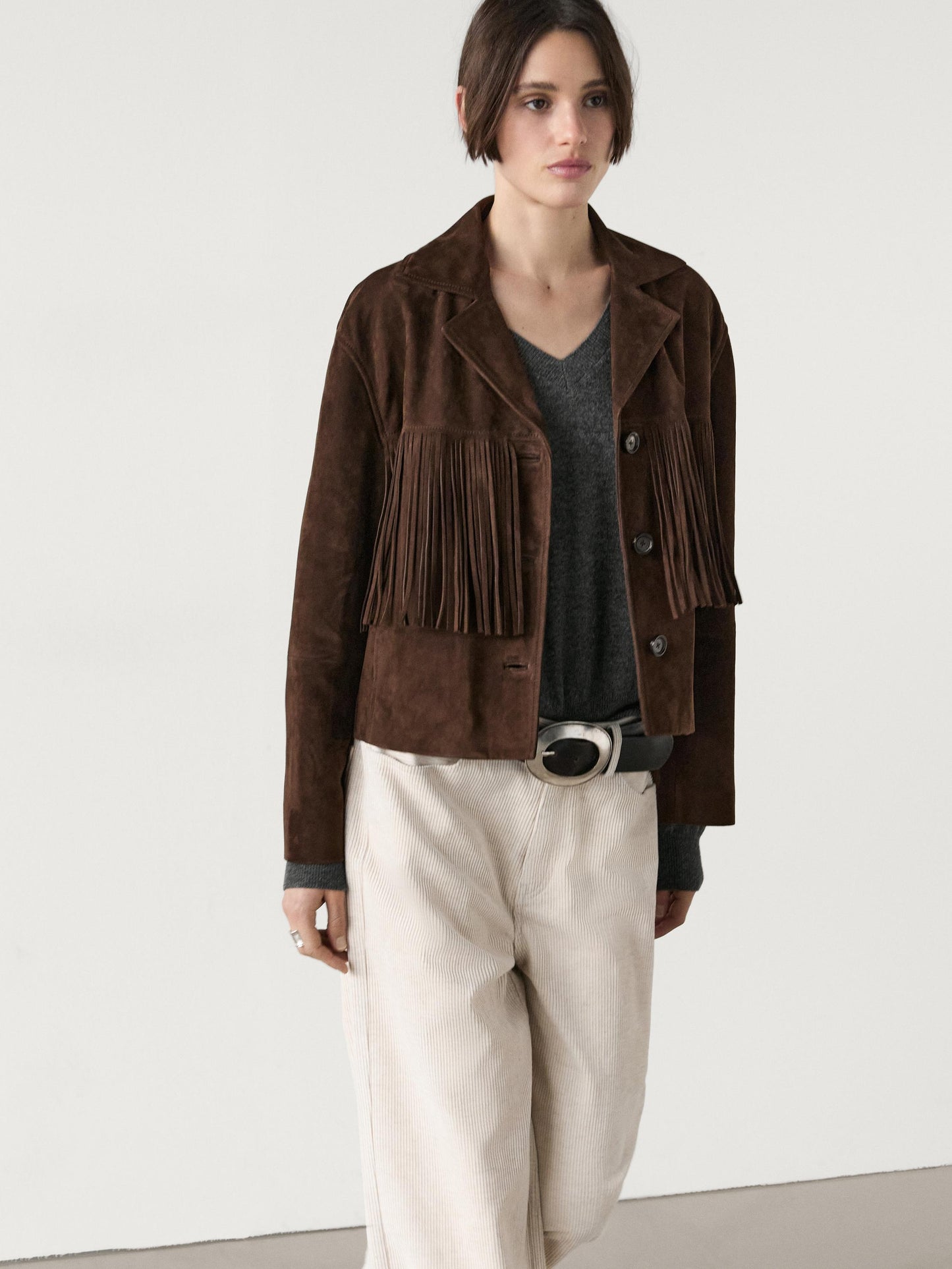 Suede jacket with leather fringing