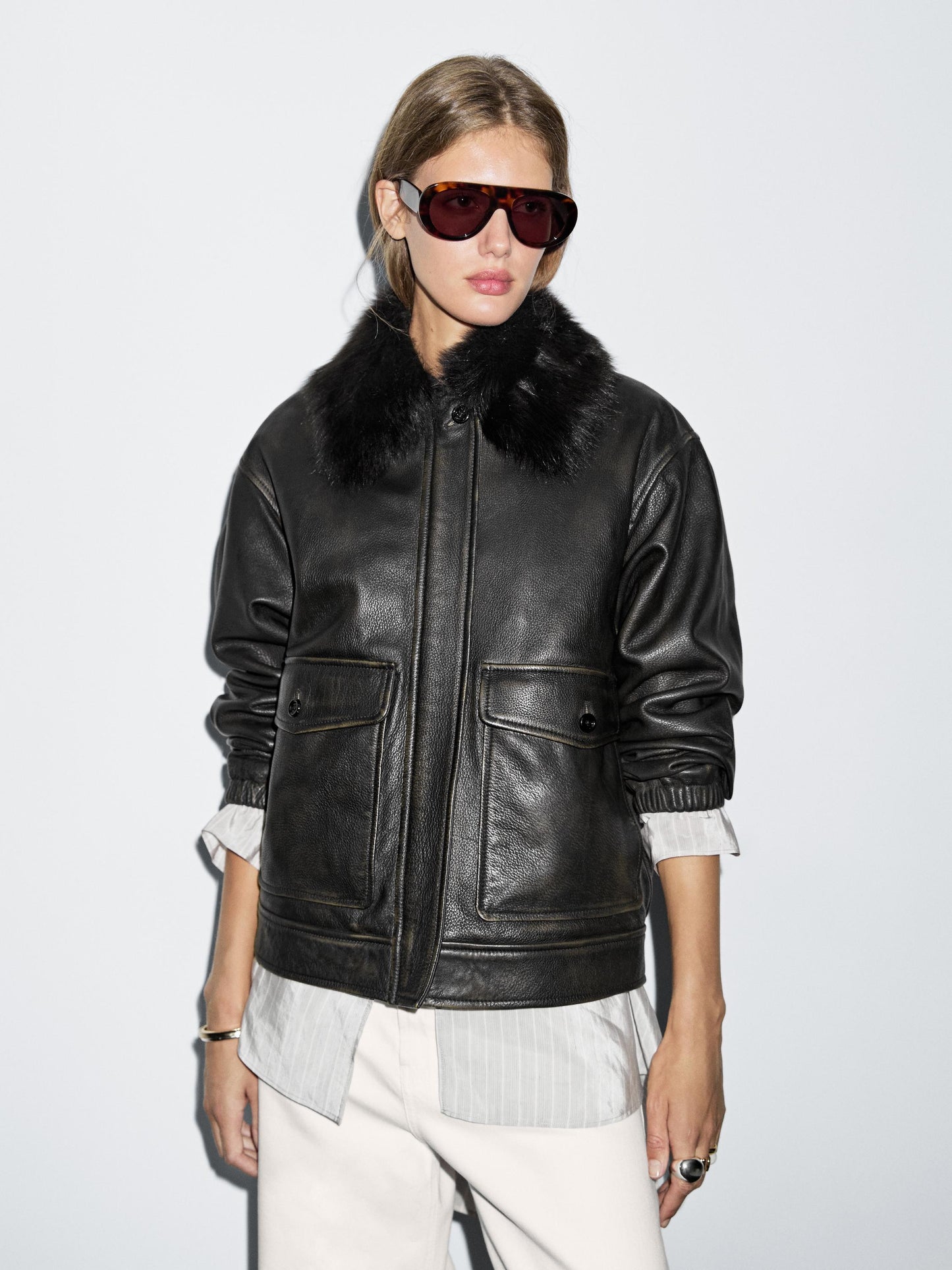 Nappa leather jacket with lambskin collar