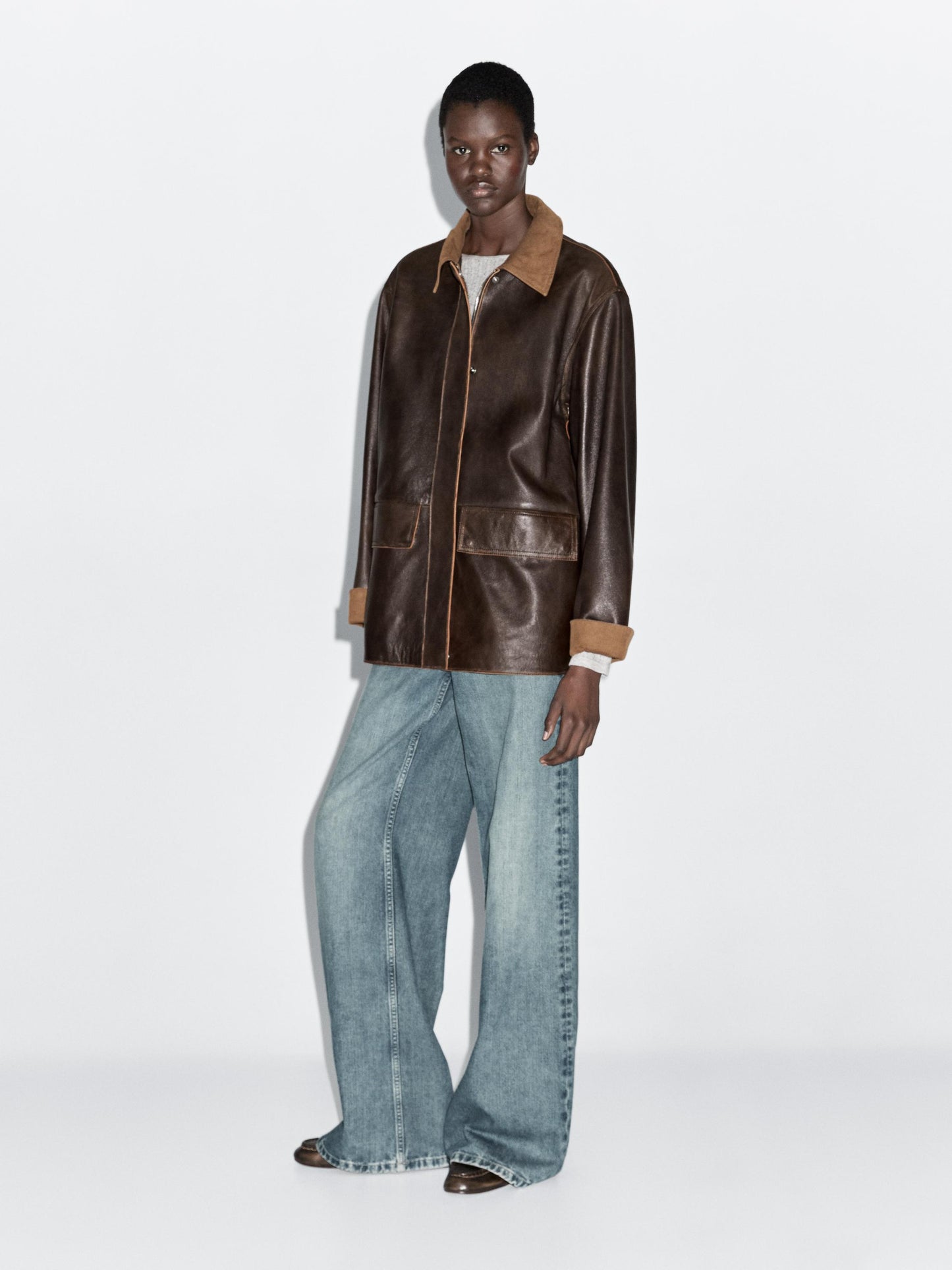 Nappa leather parka with corduroy detail
