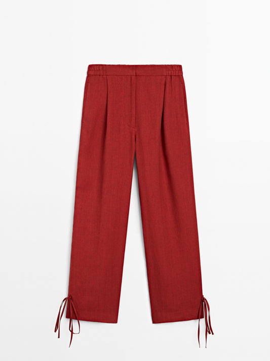 100% linen trousers with bow detail