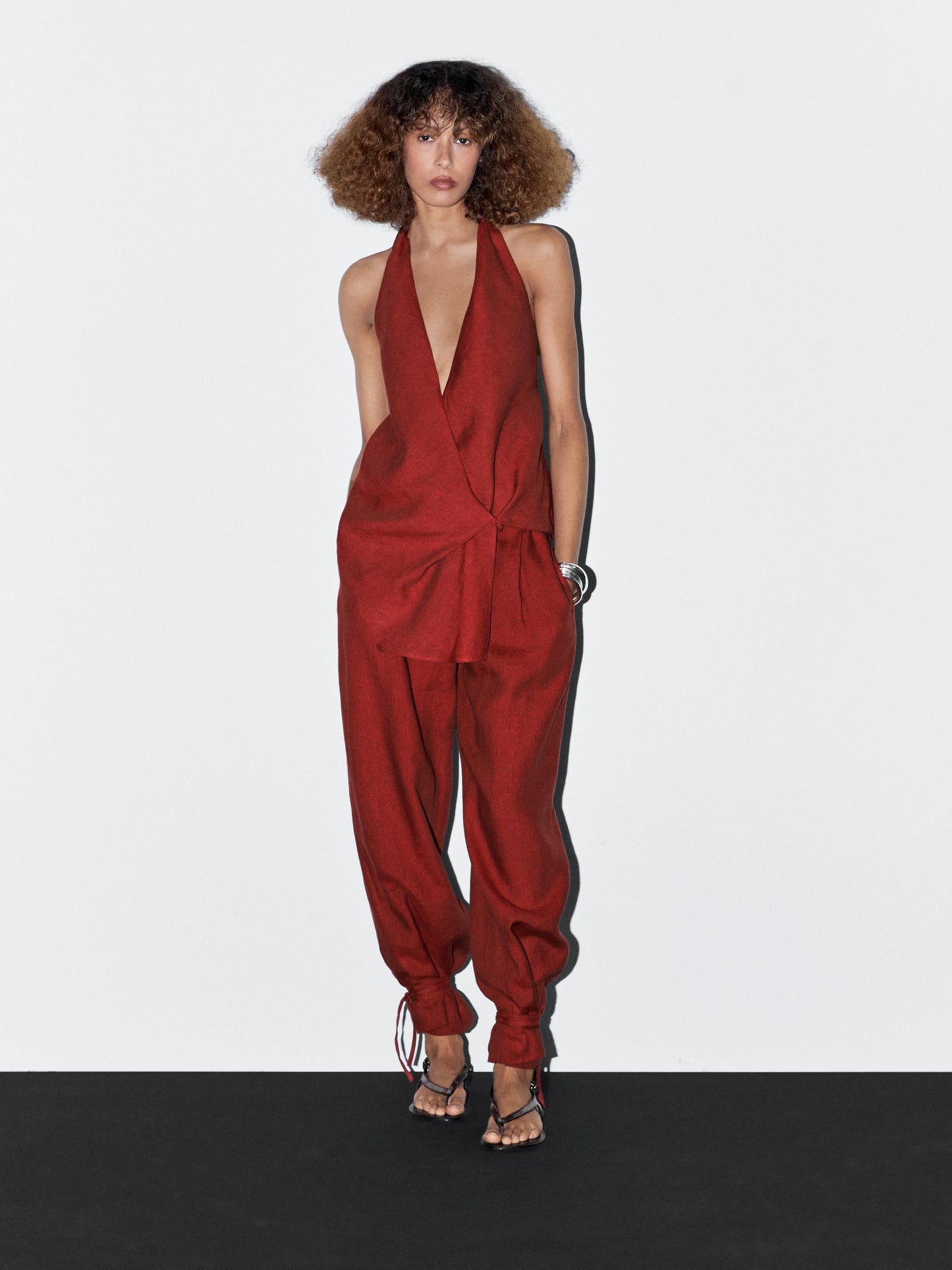 100% linen trousers with bow detail