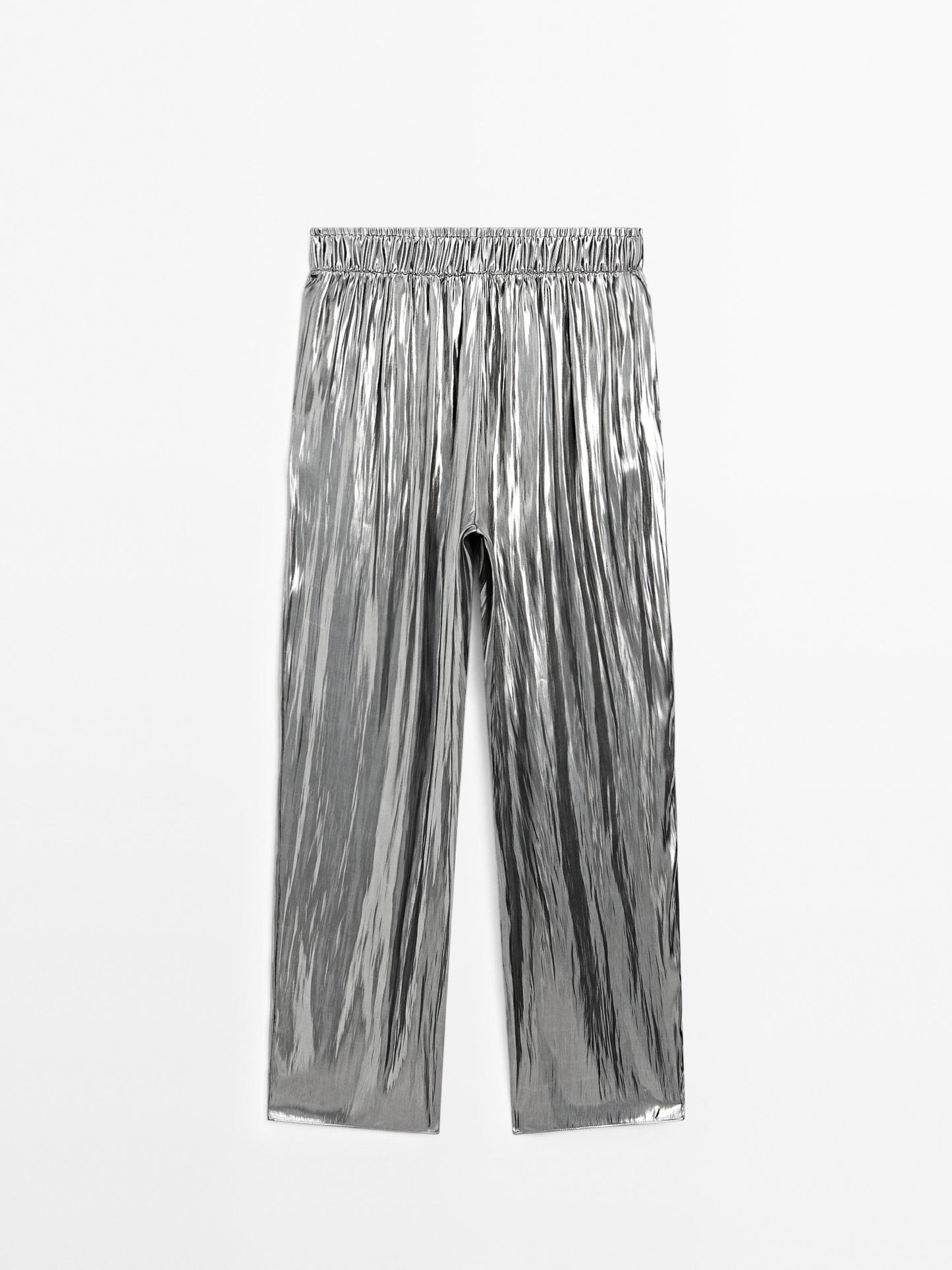 Flowing metallic trousers with gathered detail
