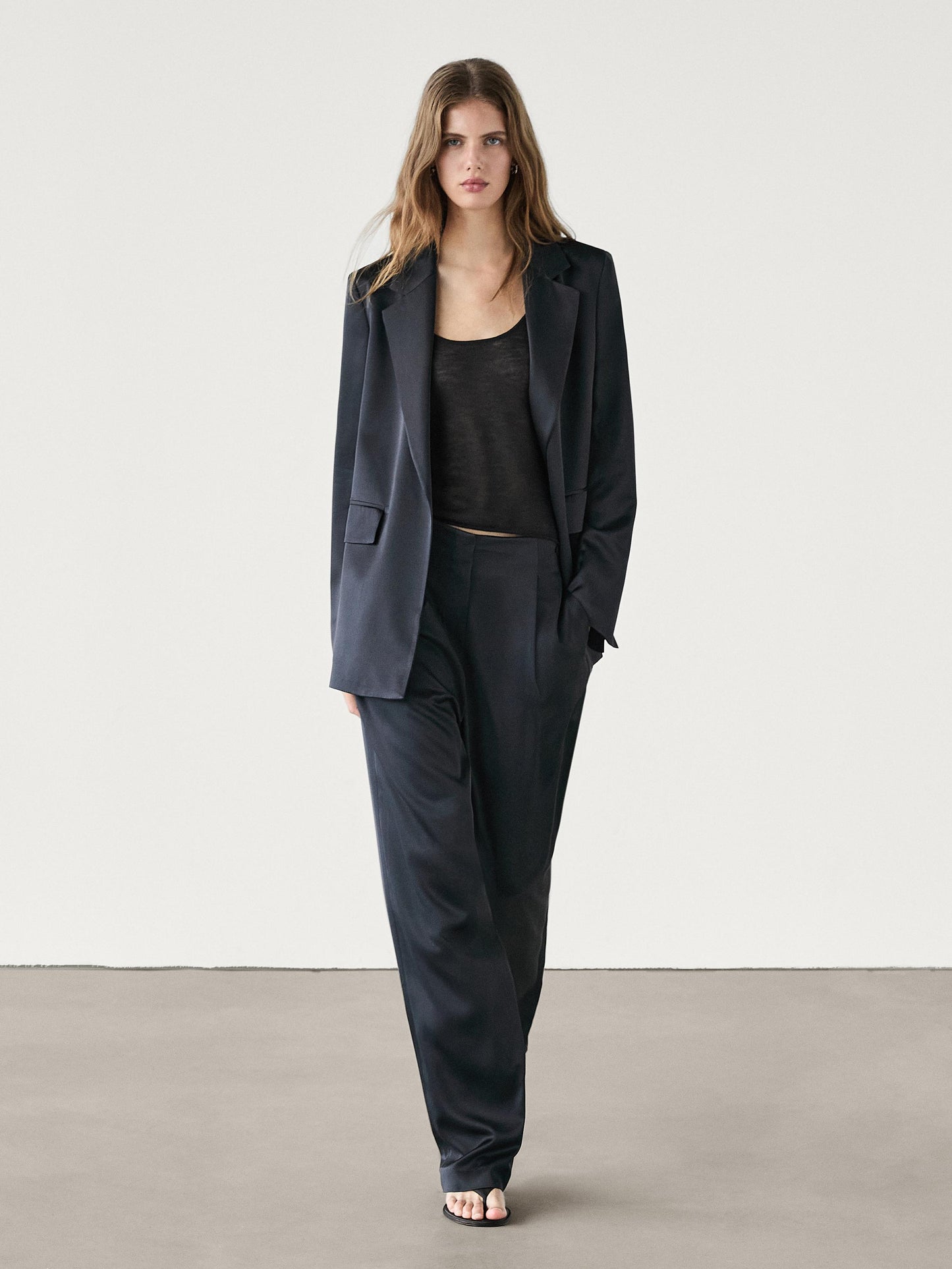 Straight-leg satin trousers with darts