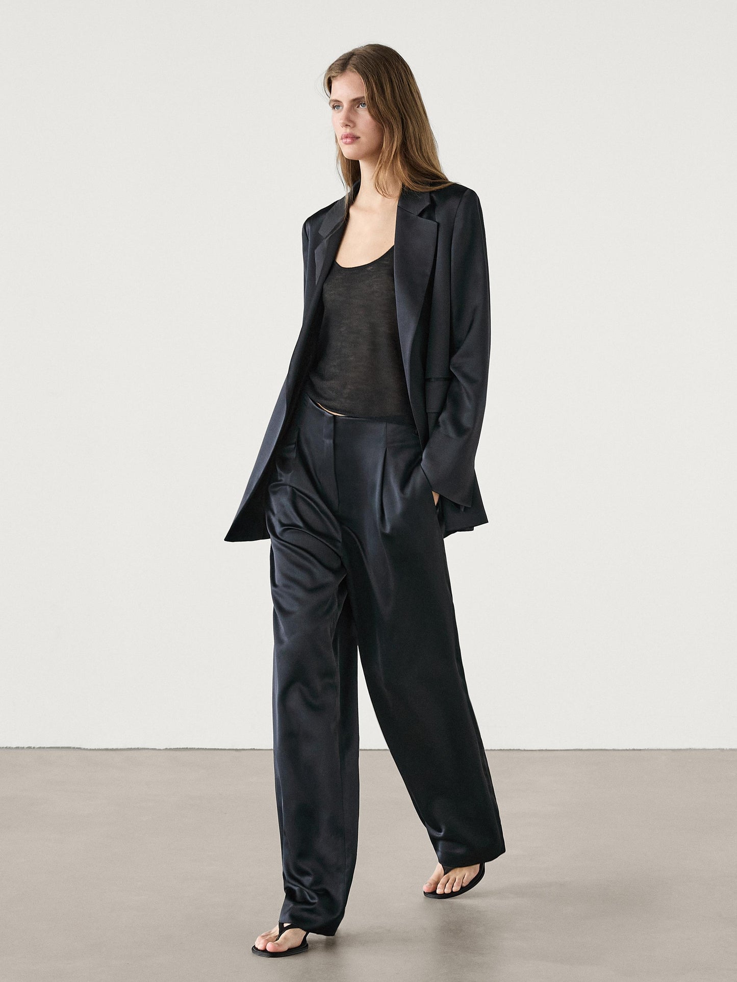Straight-leg satin trousers with darts