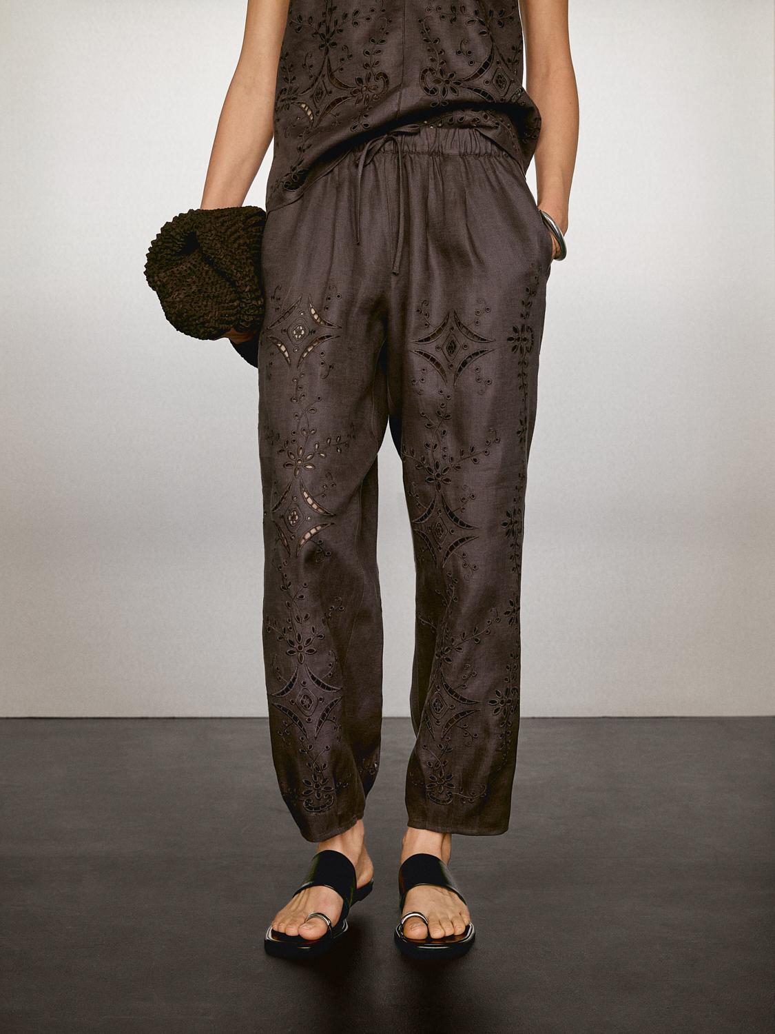 Linen blend embroidered balloon fit trousers