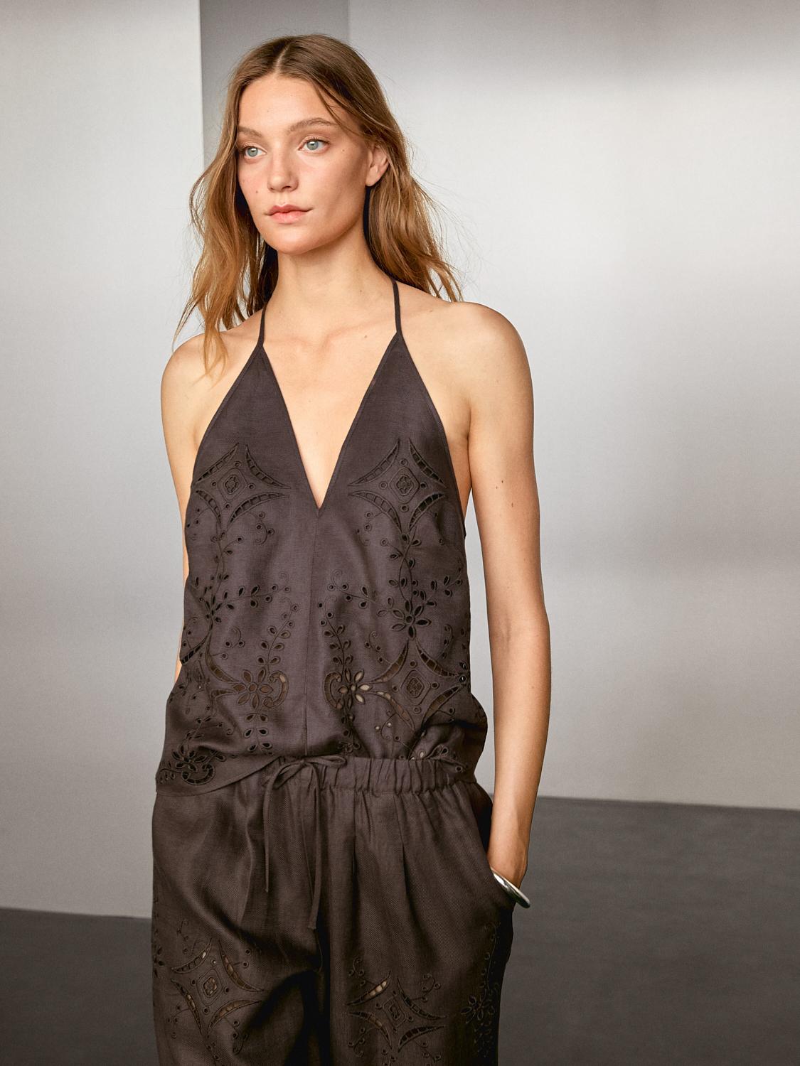 Linen blend embroidered balloon fit trousers