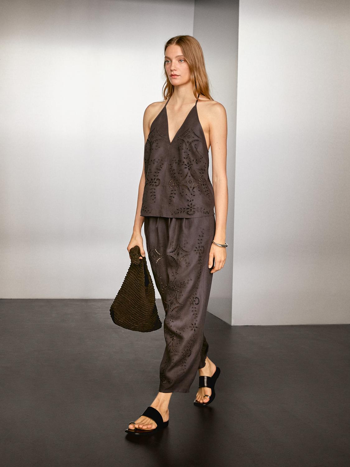 Linen blend embroidered balloon fit trousers