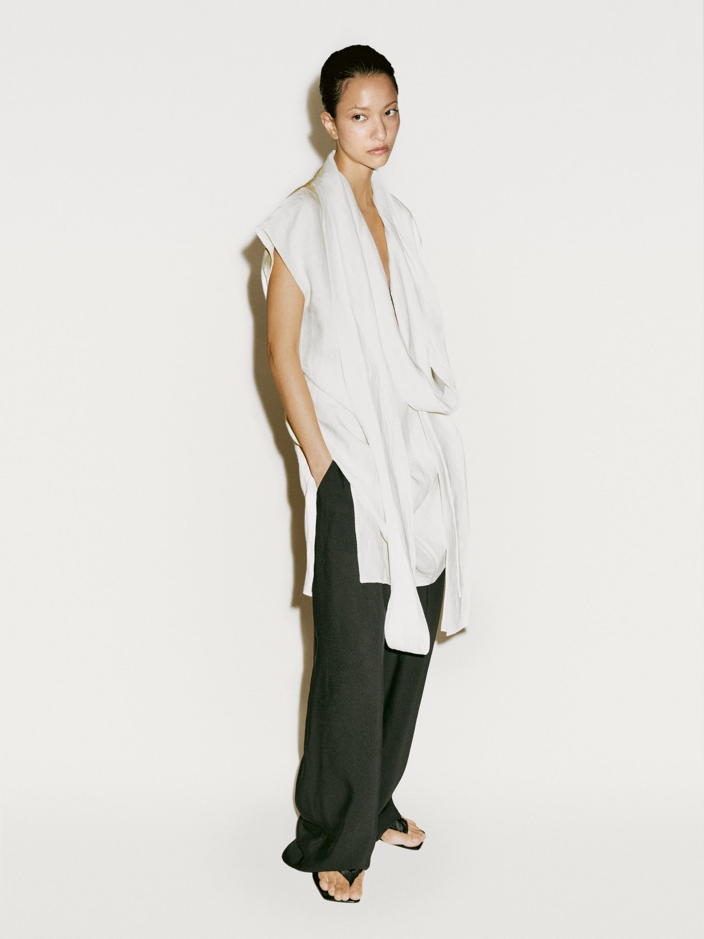 Linen tunic shirt with scarf detail