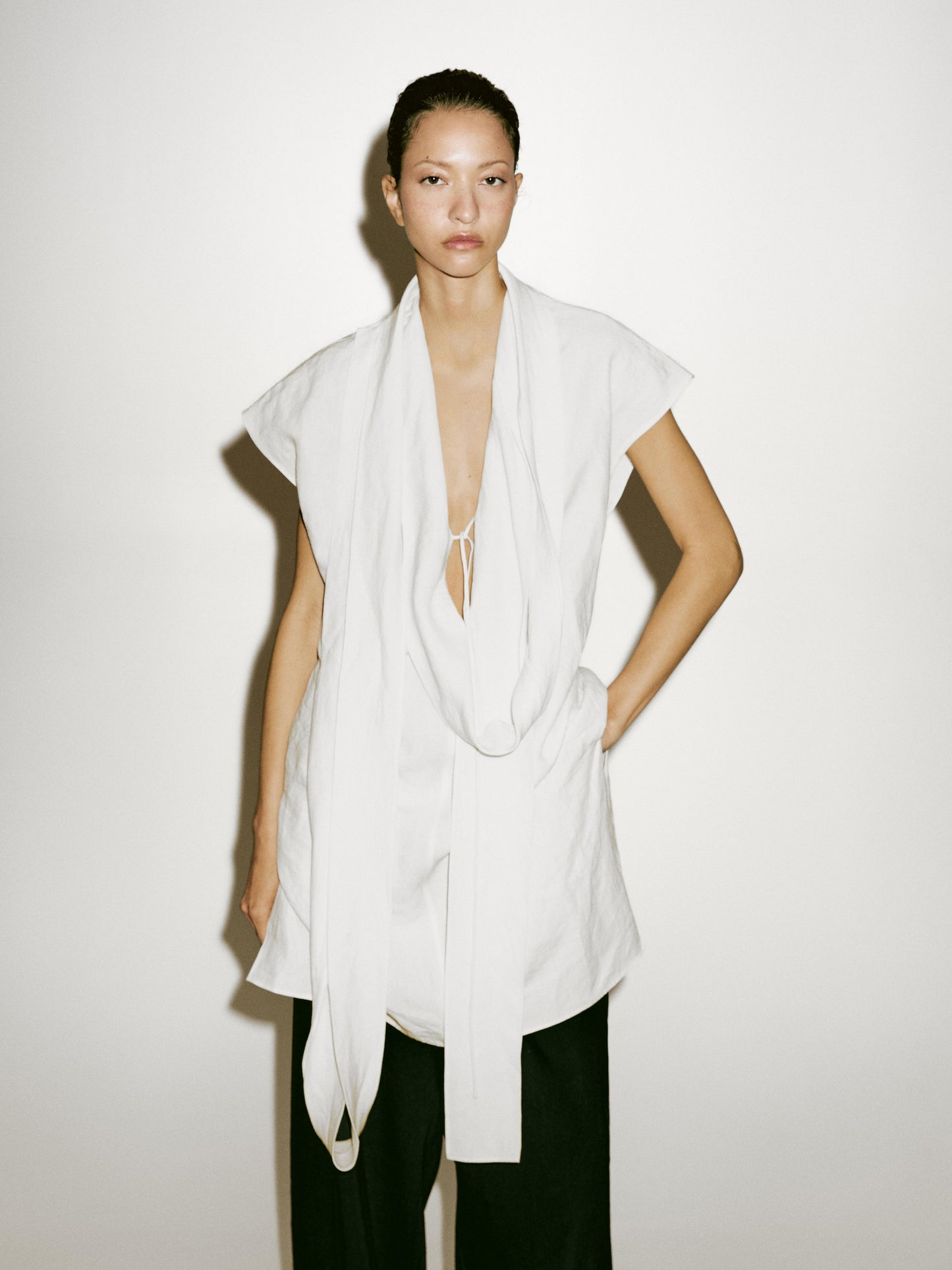 Linen tunic shirt with scarf detail