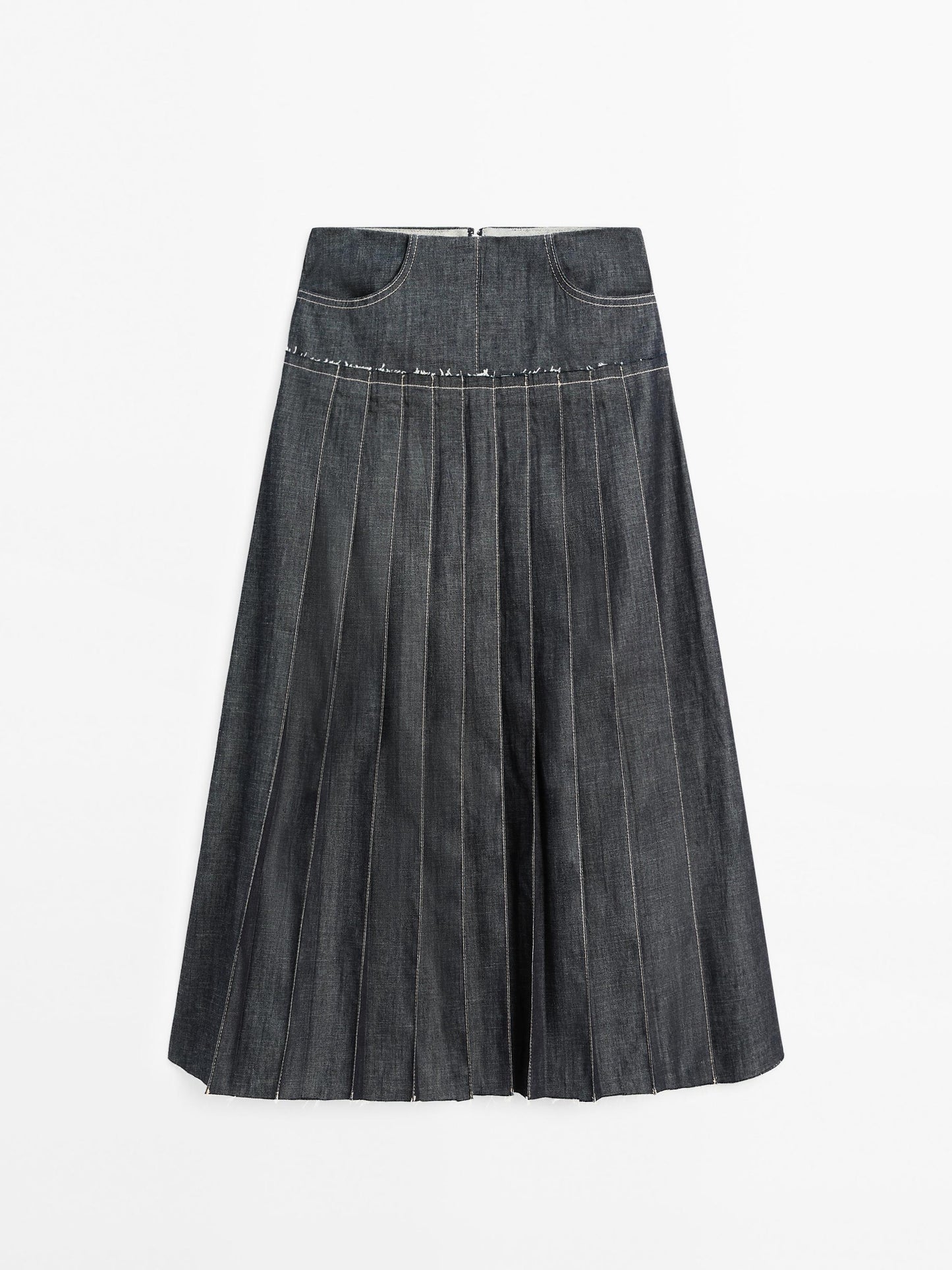 Denim midi skirt with box pleats