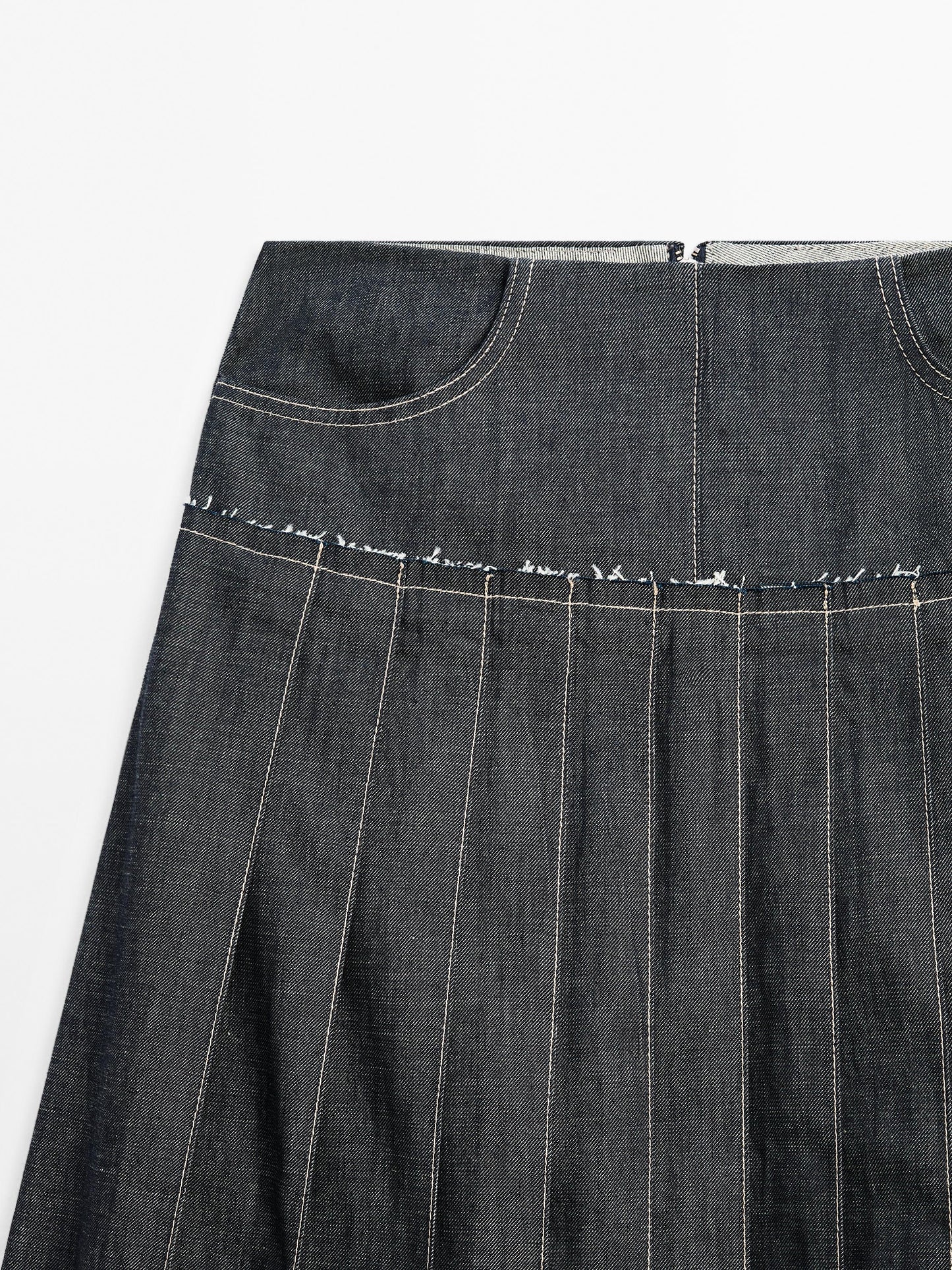 Denim midi skirt with box pleats