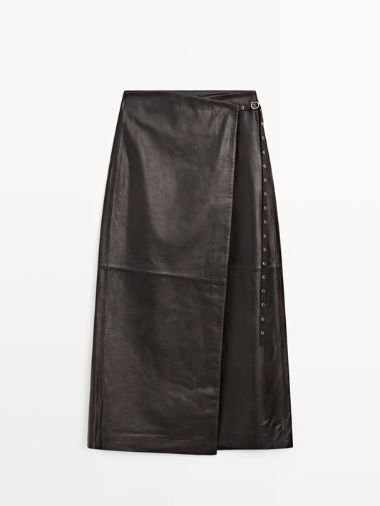 Nappa leather wraparound midi skirt