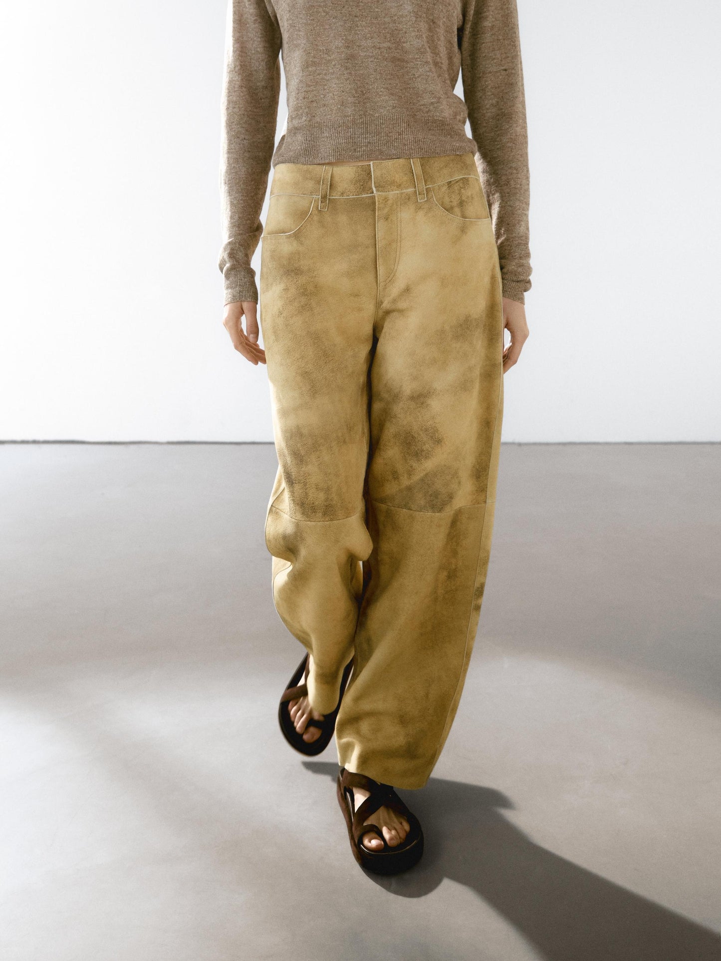 Worn effect suede leather trousers