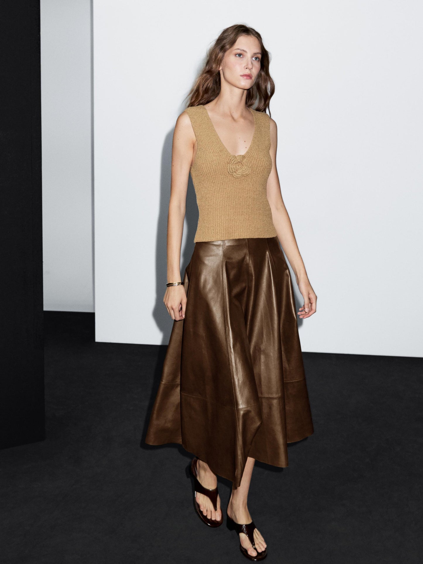 Nappa leather flared midi skirt