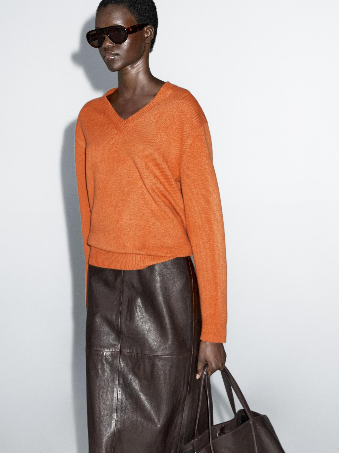 Straight nappa leather midi skirt with slit