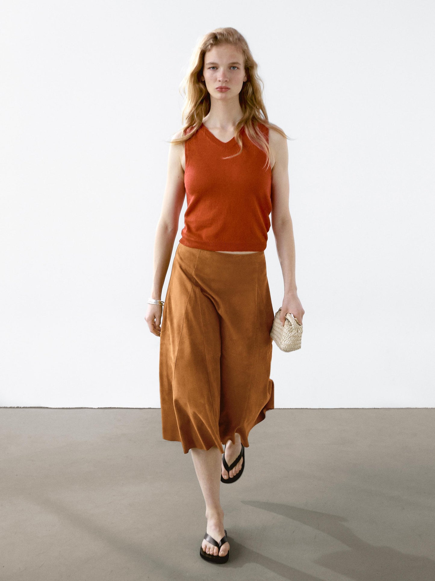 Suede leather flared midi skirt