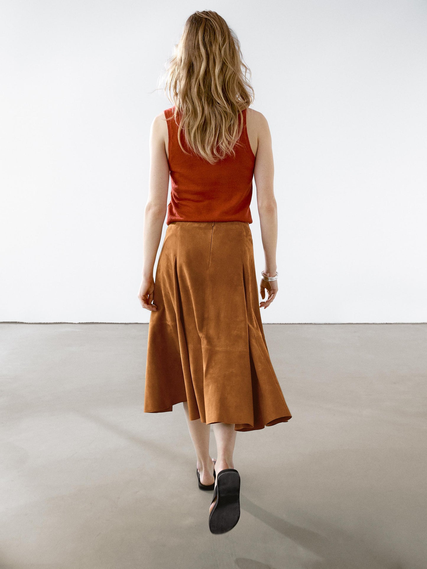 Suede leather flared midi skirt