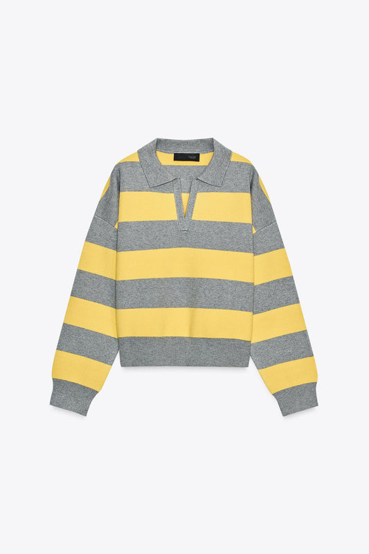 Striped Knit Polo Collar Sweater
