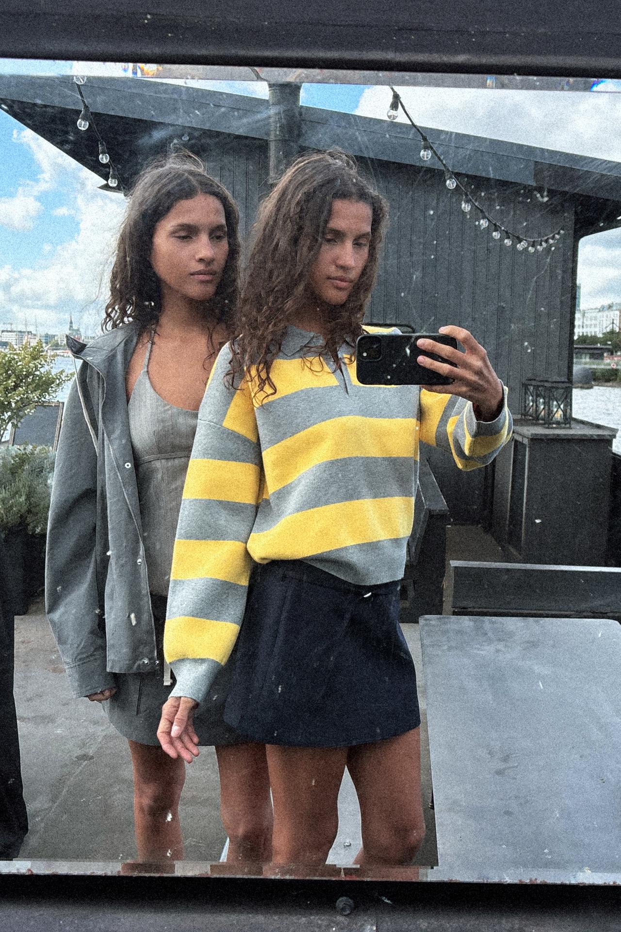 Striped Knit Polo Collar Sweater