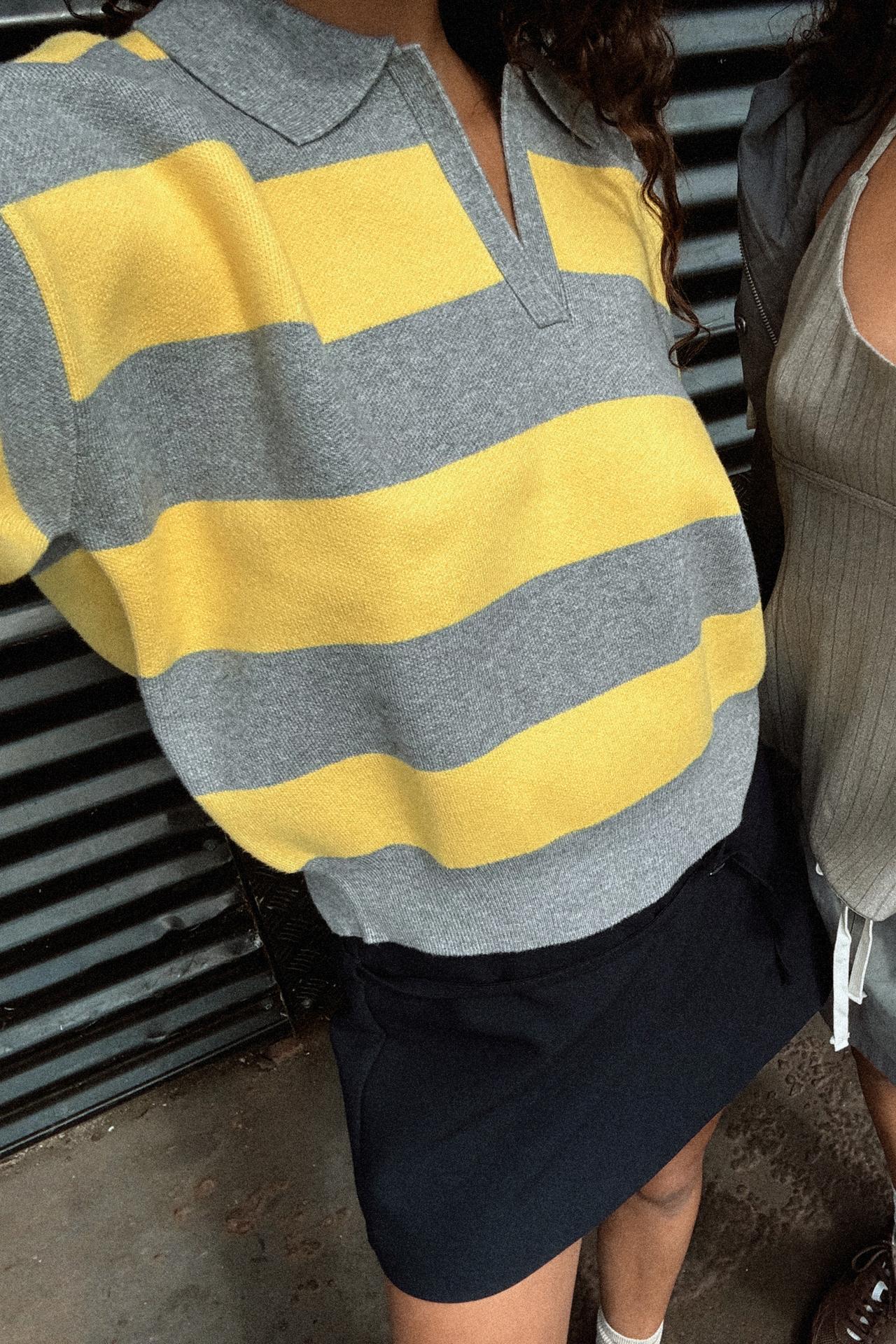 Striped Knit Polo Collar Sweater