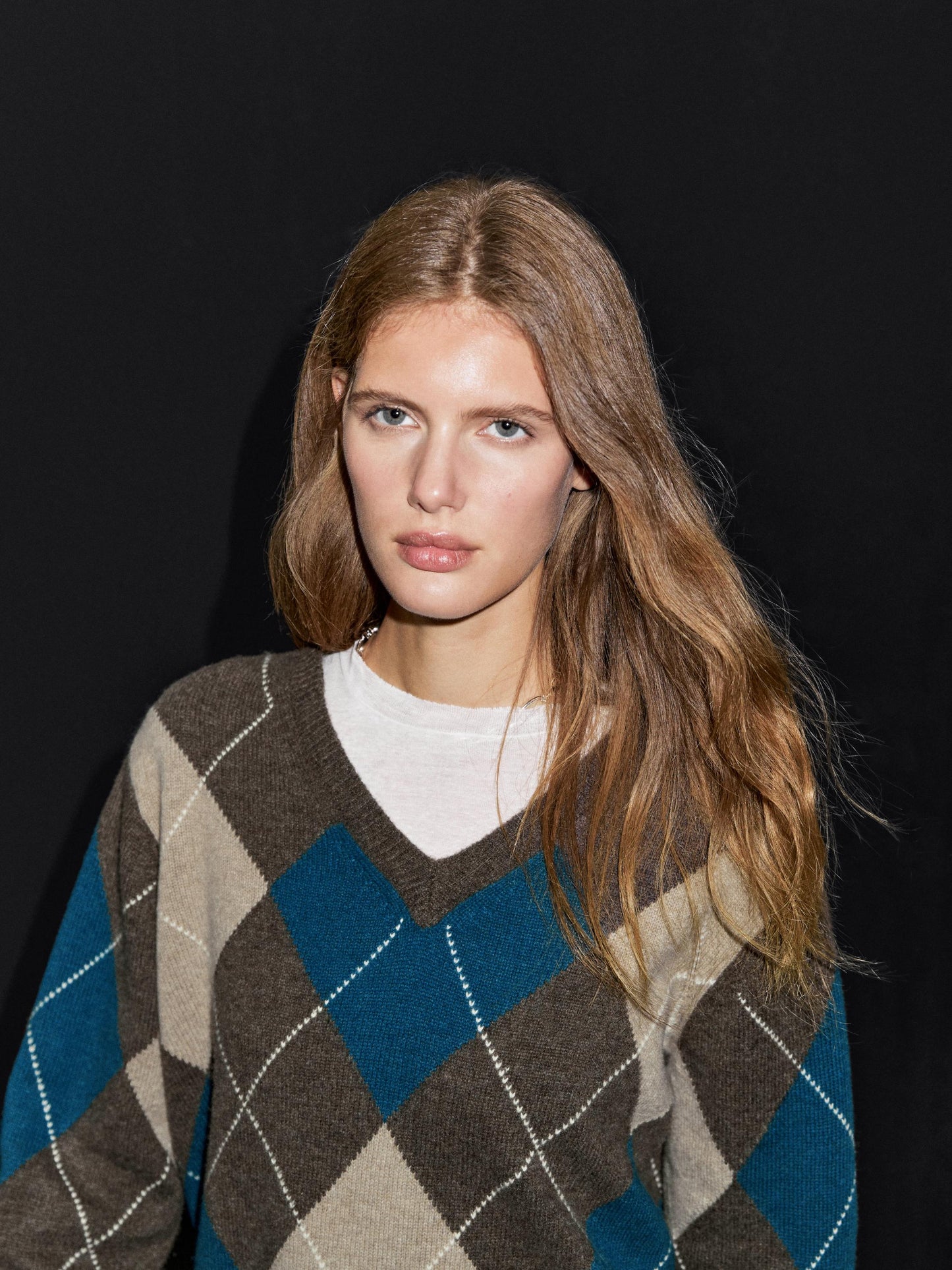 Wool blend argyle knit sweater