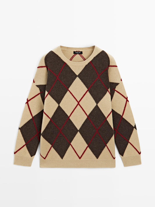 Wool blend sweater with argyle detailing