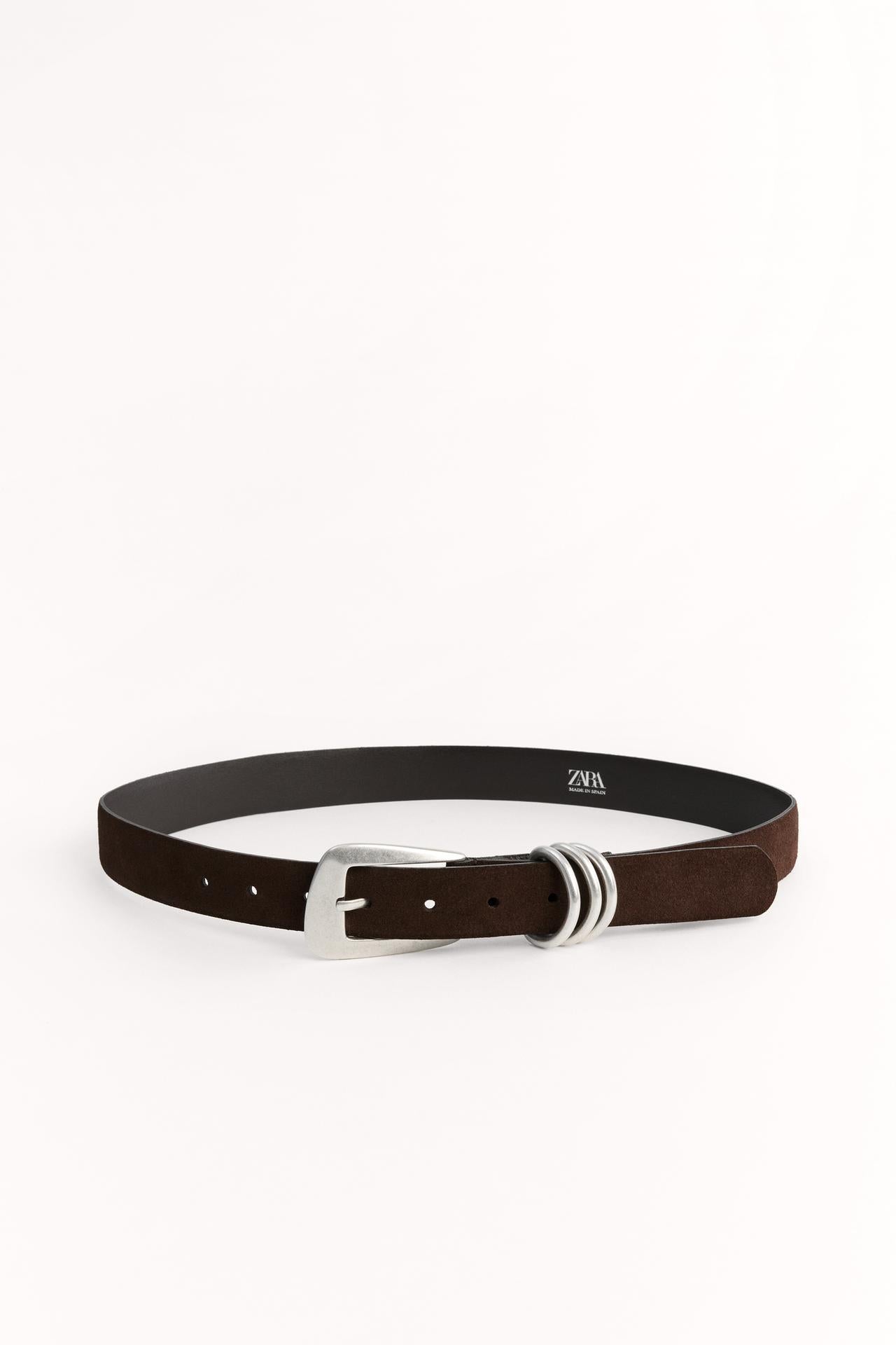 Split suede belt with rectangular buckle
