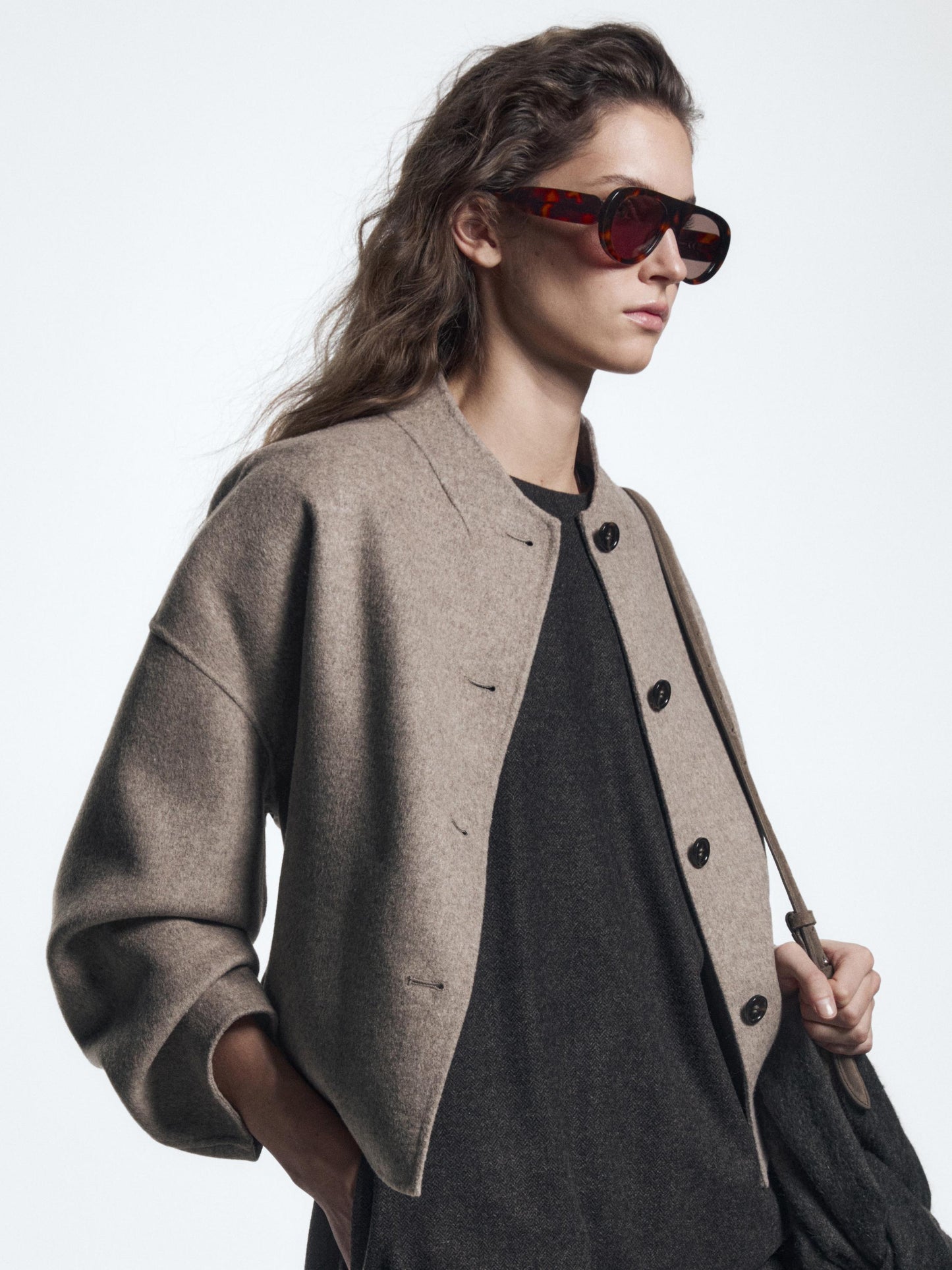 Short wool blend coat with high collar