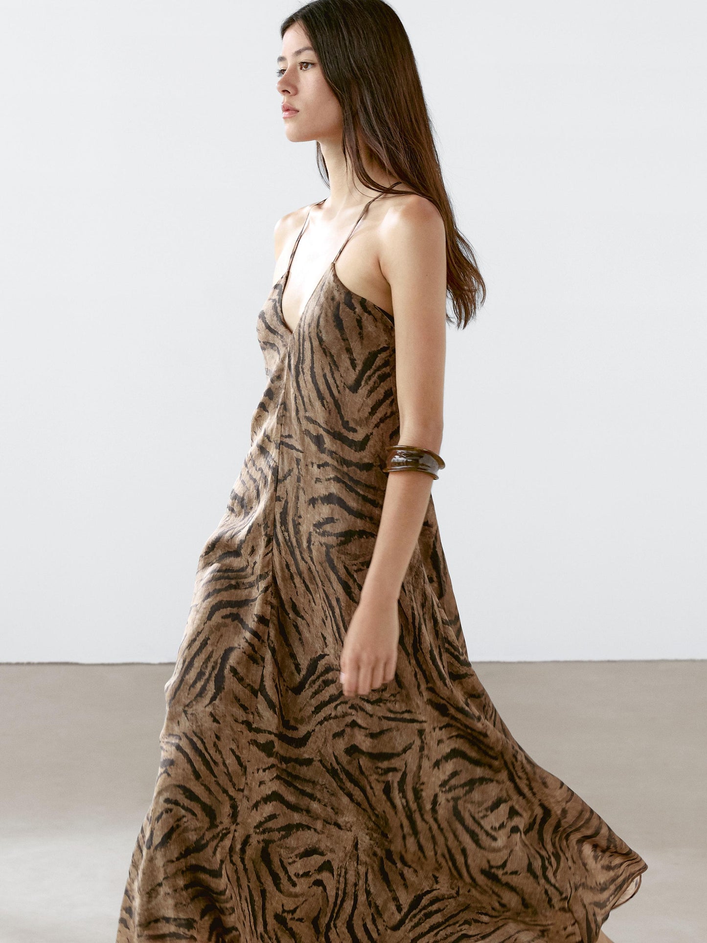 Long ramie blend animal print dress