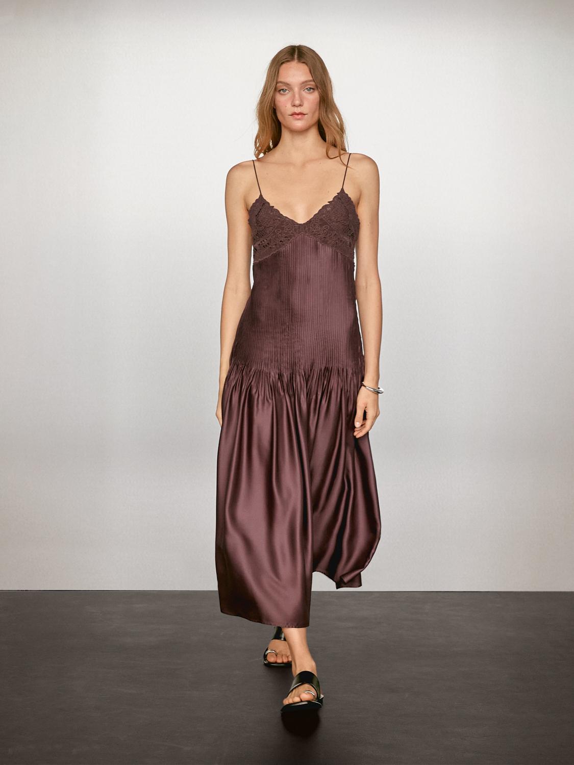 Flowing satin midi dress with straps